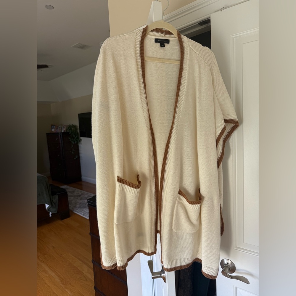 Ann Taylor Cream Cardigan with Brown Trim